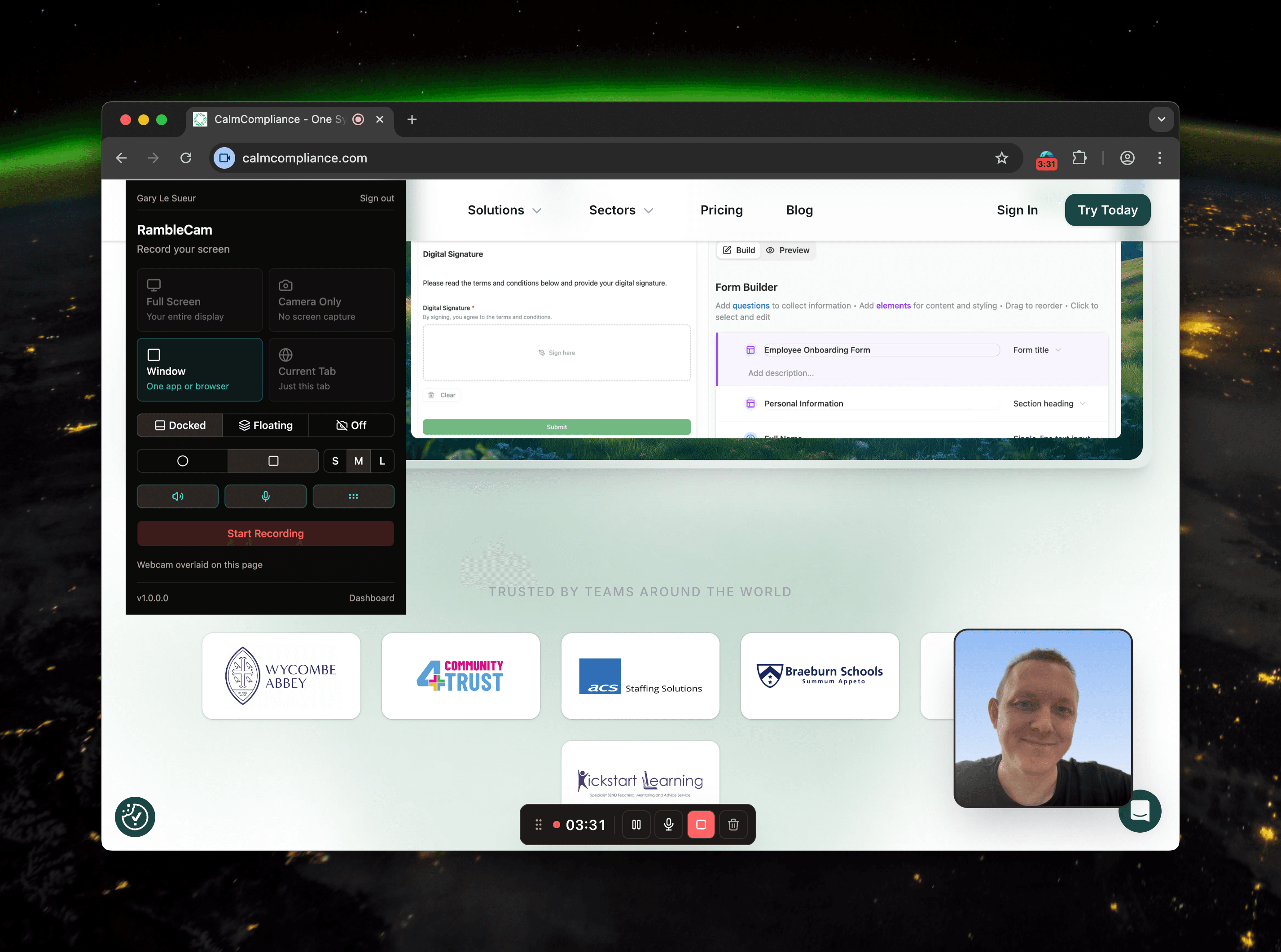 RambleCam Chrome extension recording a screen with webcam overlay